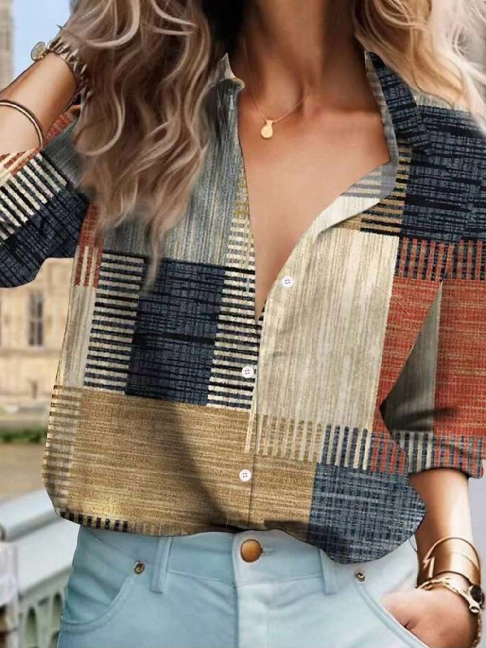 Patchwork Print Button-Down Shirt - Beige, Navy & Rust